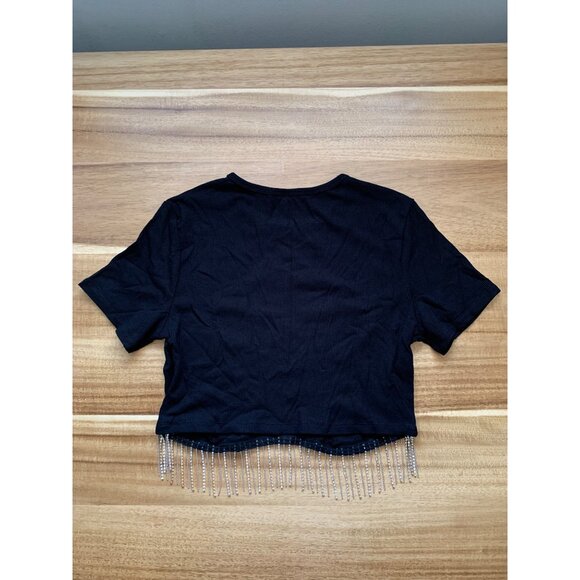 Juniors Slim Fit Black Cropped T-Shirt With Rhinestone Fringe Size Small - Picture 7 of 10